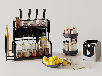 Fresh Lemons In Kitchen With Storage Racks Spice Jars And Appliance 3d model