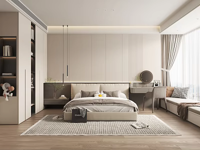 Modern Bedroom Interior Design With Minimalist Bed Nightstand Dressing Table And Window Curtains 3d model