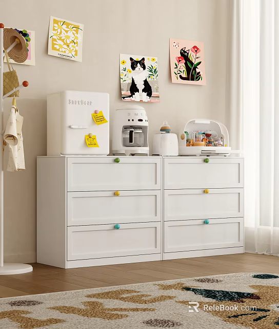 White Dresser With Colorful Knobs Drawers Topped With Mini Fridge Coffee Machine Snacks Container 3d model