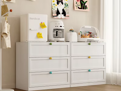 White Dresser With Colorful Knobs Drawers Topped With Mini Fridge Coffee Machine Snacks Container 3d model