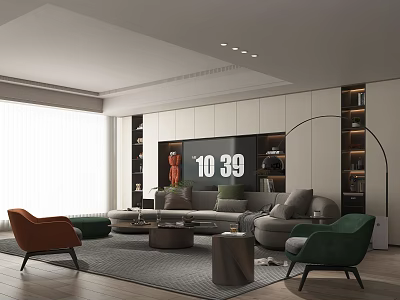 Modern Minimalist Living Room With Curved Sofa Cozy Single Chairs And Integrated Wall Storage Units 3d model
