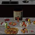 Modern Dining Table Set With Air Fryer Various Food Dishes And Marble Countertop
