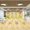 Kindergarten Classroom Interior With Wooden Ceiling Cloud Shaped Lights Yellow Walls And Round Stools