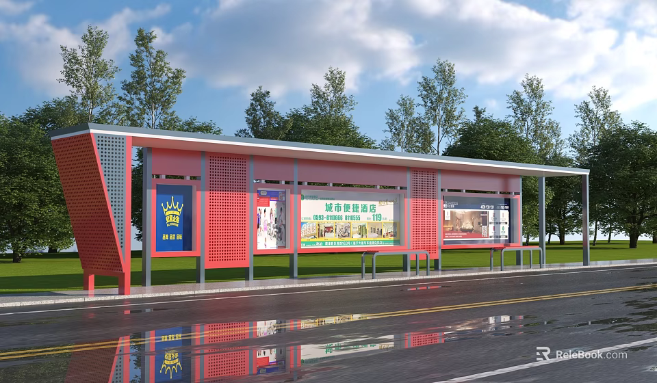 Red Structured Bus Stop With Billboards Green Trees Blue Sky And Wet Road Reflection 3d model 