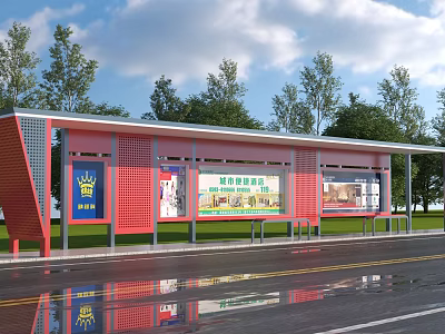 Red Structured Bus Stop With Billboards Green Trees Blue Sky And Wet Road Reflection 3d model