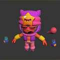 Cartoon Character with Pink Cat Ear Hat Yellow Star Angry Expression Blue Bottles Red Item in Air