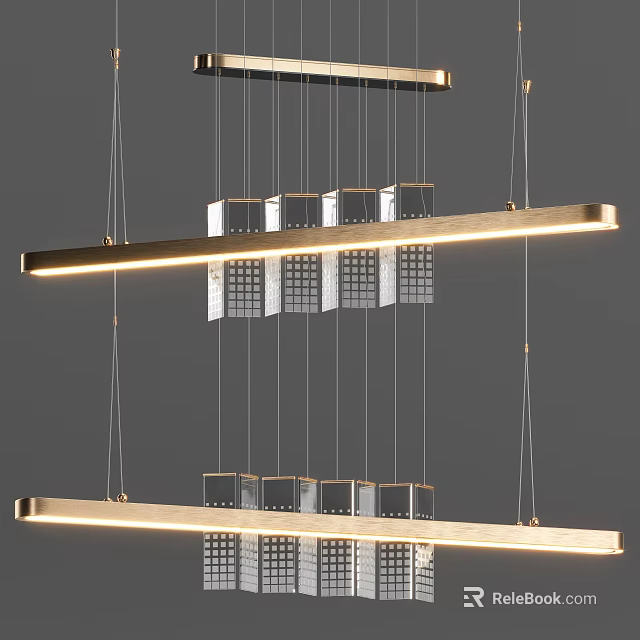 Two Tier Modern Metal Chandelier With Hanging Rectangular Panels And Warm Light 3d model 
