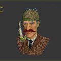 Vintage Man With Deerstalker Hat Mustache Smoking Pipe And Bust Sculpture