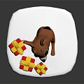 Cute Deer Figurine With Red Scarf Standing By Colorful Gift Boxes On White Platform