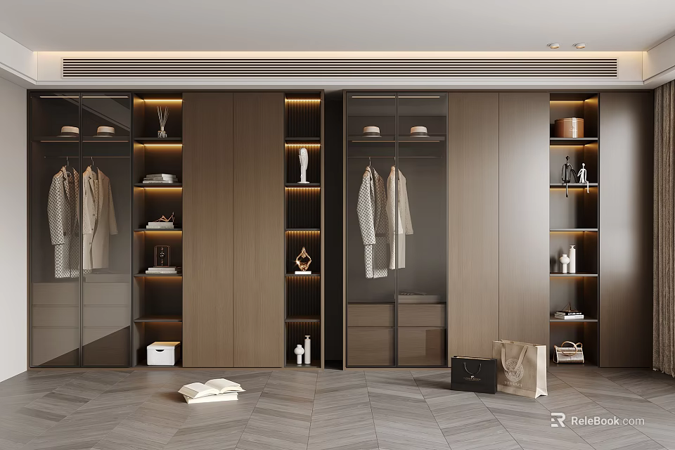 Modern Wardrobe Interior Design With Hanging Clothes Shelves Drawers And LED Lighting 3d model 