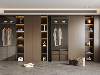 Modern Wardrobe Interior Design With Hanging Clothes Shelves Drawers And LED Lighting 3d model