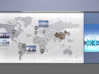 World Map With Multiple Location Markers And Enterprise Building Visual 3d model