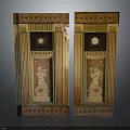 Symmetric Decorative Furniture Cabinets Featuring Figural Relief Geometric Patterns Circular Motifs And Golden Brown Tones