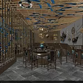 Elegant Restaurant Interior With Wooden Decor Blue Accents Pendant Lights And Round Tables