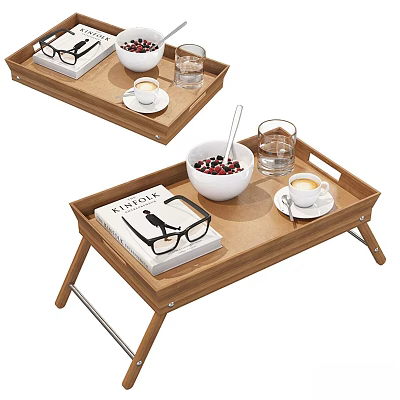 Wooden Foldable Tray Breakfast Tableware Set With Bowl Coffee Cup Glass Book Eyeglasses 3d model