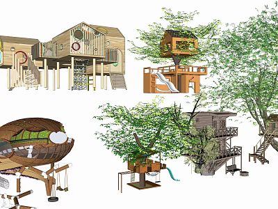 Creative Wooden Tree House Designs With Slide Hammock And Platform Structures 3d model