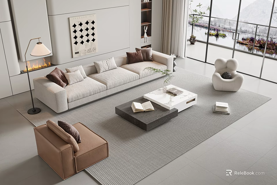 Modern Neutral Sofa And Coffee Table Set In Living Room With Accent Chair And Rug 3d model 
