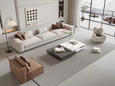 Modern Neutral Sofa And Coffee Table Set In Living Room With Accent Chair And Rug 3d model