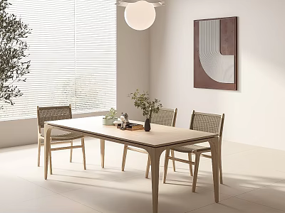 Minimalist Light Wood Dining Table Set With Four Chairs And Decorative Plants 3d model