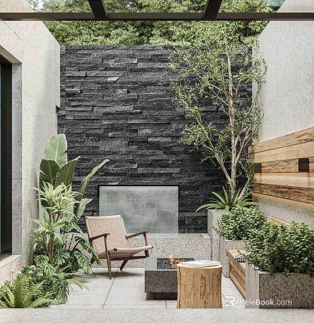 Modern Garden Design With Black Stone Wall Water Feature Wooden Chair And Lush Plants 3d model 