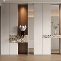Modern Room Divider Cabinet With Wooden Panels And Marble Top Decorative Items