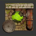 Brick Structure Equipment With Arched Entrance Green Liquid And Orange Pipe