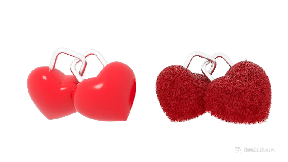Red Heart Shaped Objects With Smooth And Fluffy Textures Connected By Silver Hooks 3d model 