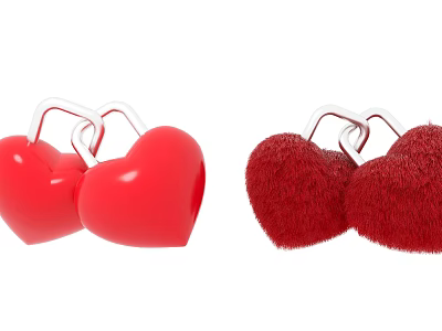 Red Heart Shaped Objects With Smooth And Fluffy Textures Connected By Silver Hooks 3d model