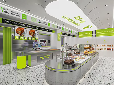 Lime Green Modern Dessert Shop Interior With Pastry Display Counter And Brunch Cafe 3d model