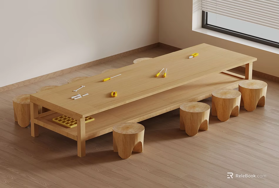 Wooden Craft Workspace With Long Table Tools And Round Wooden Stools In Room 3d model 