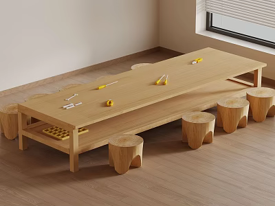 Wooden Craft Workspace With Long Table Tools And Round Wooden Stools In Room 3d model