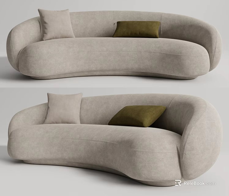 Light Gray Curved Sectional Sofa With Light Gray And Dark Green Cushions 3d model 