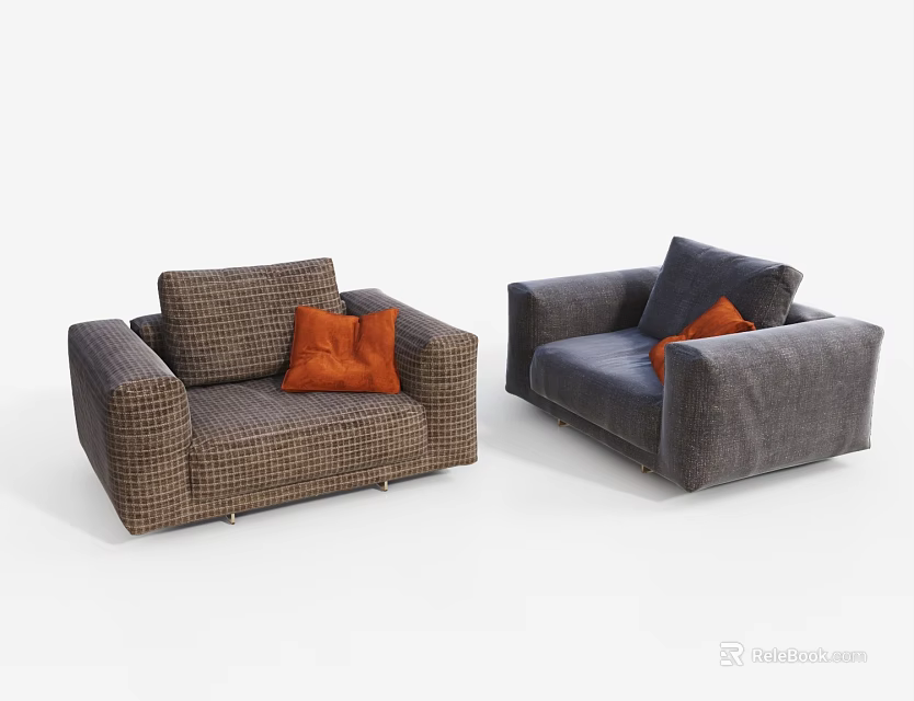 Comfortable Brown Checkered and Gray Single Armchairs with Orange Throw Cushions 3d model