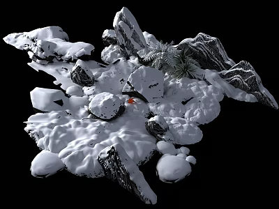 Snow Covered Garden Landscape With Rocky Formations Pine Trees And Red Accent 3d model