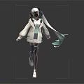 3D Anime Character With White Long Hair Purple Highlights And Blue Green Flowing Ribbons