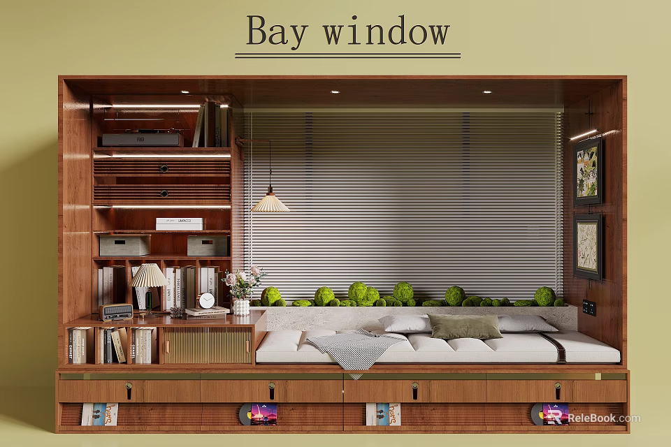 Wooden Bay Window With Bookshelves Upholstered Seat Green Cushions And Storage Drawers 3d model 