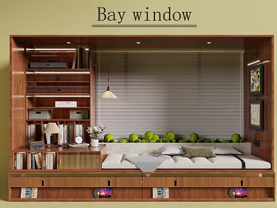 Wooden Bay Window With Bookshelves Upholstered Seat Green Cushions And Storage Drawers 3d model