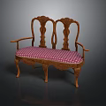 Classical Wooden Bench With Carved Backrest Armrests And Red White Checkered Upholstery