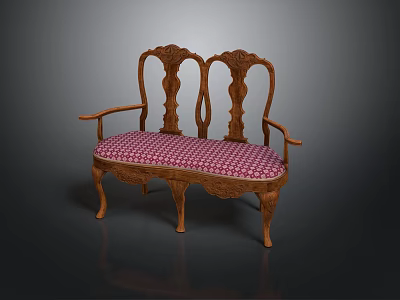 Classical Wooden Bench With Carved Backrest Armrests And Red White Checkered Upholstery 3d model