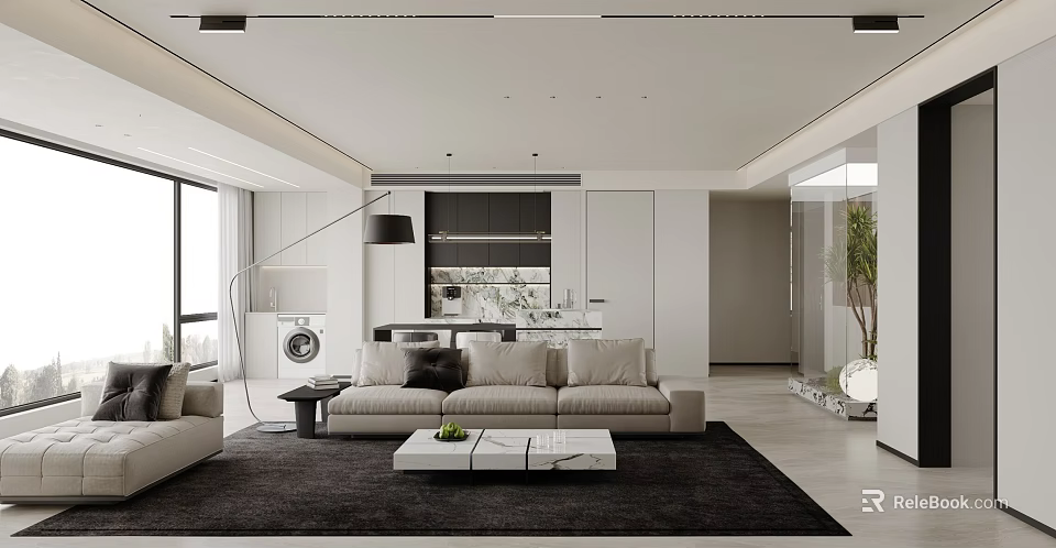 Modern Living Dining Room Interior With Open Concept Sofa Coffee Table And Floor Lamp 3d model 