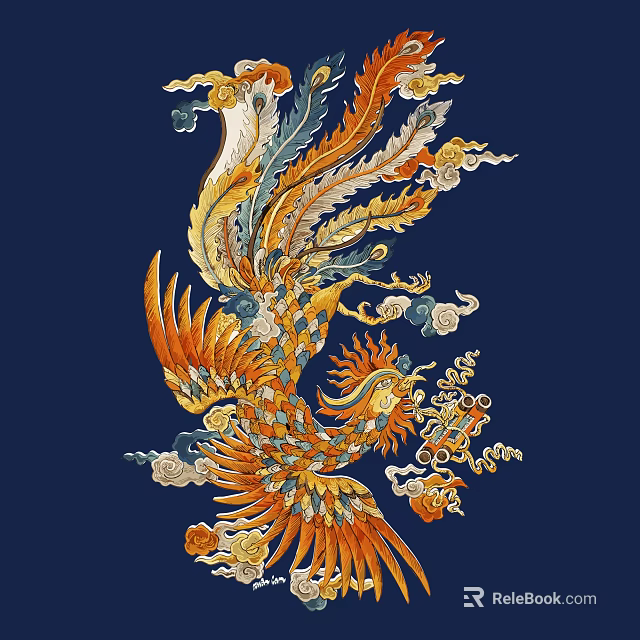 Intricate Phoenix Carving with Vibrant Feathers and Cloud Patterns on Deep Blue Background 3d model 