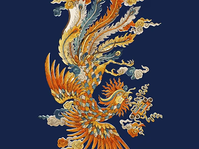 Intricate Phoenix Carving with Vibrant Feathers and Cloud Patterns on Deep Blue Background 3d model