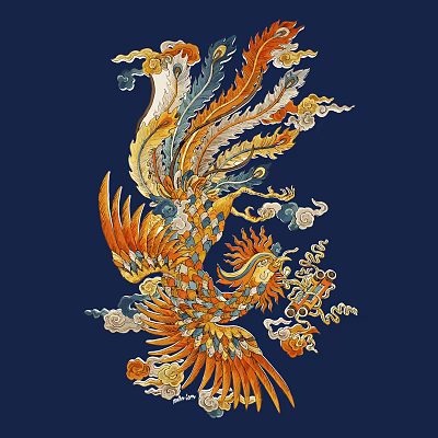 Intricate Phoenix Carving with Vibrant Feathers and Cloud Patterns on Deep Blue Background 3d model