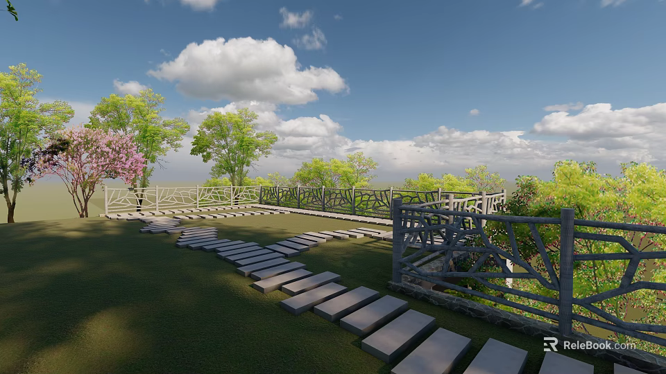 Scenic Rural Landscape With Wooden Walkway Green Grass And Trees Under Blue Sky 3d model 