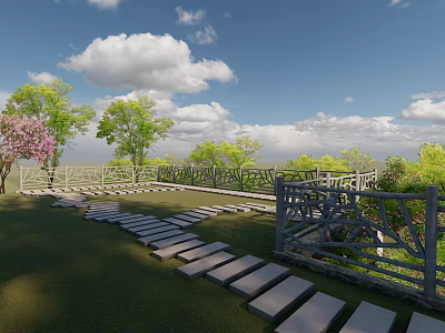 Scenic Rural Landscape With Wooden Walkway Green Grass And Trees Under Blue Sky 3d model