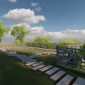 Scenic Rural Landscape With Wooden Walkway Green Grass And Trees Under Blue Sky