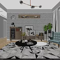Modern Living Dining Room Interior With Gray Sofa Pink Cushions And Geometric Rug