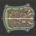 Large Building Complex with Multiple Structures Green Grassland Circular Areas and Connected Paths