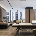 Modern Office Conference Room With Long Table Chairs Green Plants Art Wall And Glass Partition