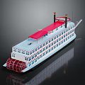 Vintage Paddlewheel Steamboat With Red Roof White Hull Two Chimneys And Paddlewheel Propulsion